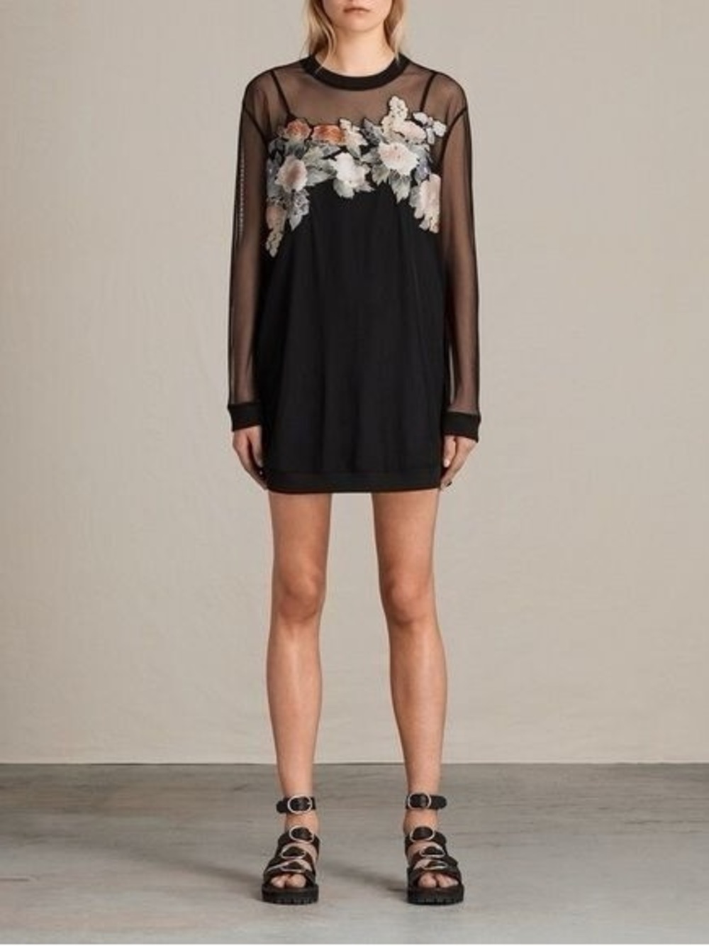AllSaints Keela Mesh Floral Dress Whimsigoth Grunge Gothic Mini S